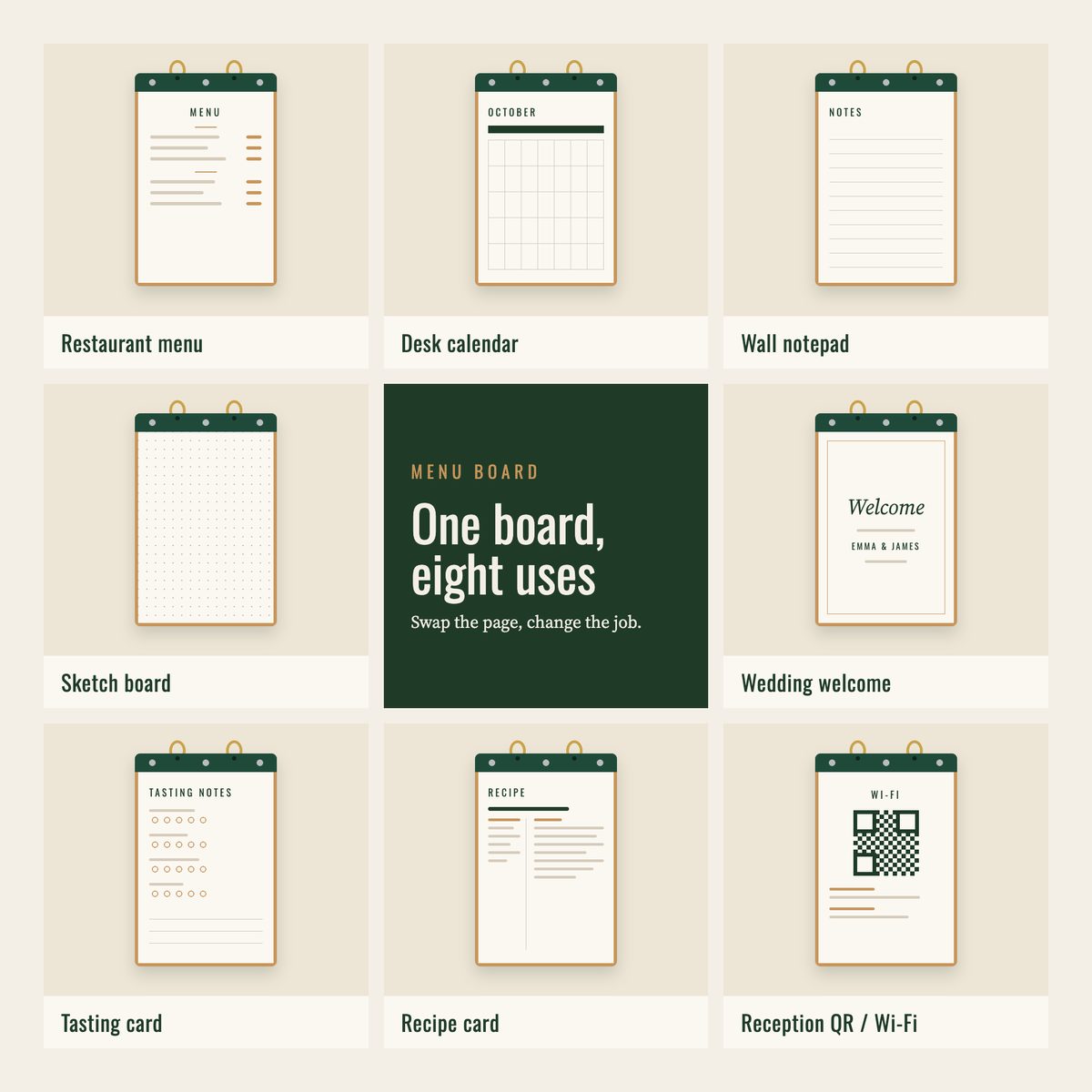 Eight uses for the board: restaurant menu, desk calendar, wall notepad, sketch board, wedding welcome, tasting card, recipe card and Wi-Fi sign