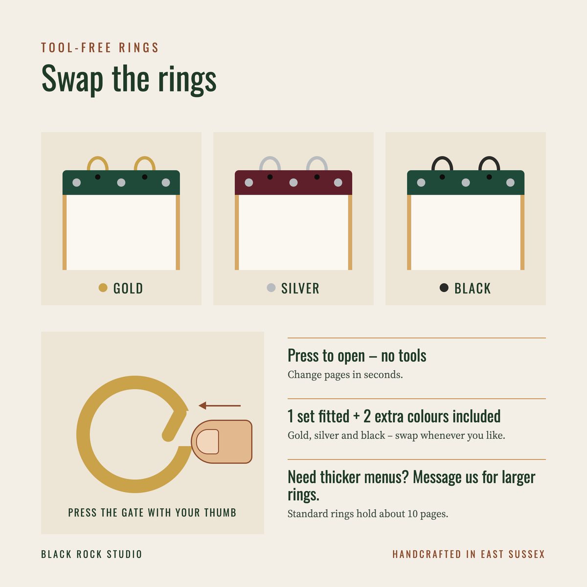 Guide showing gold, silver and black rings and how to open a ring with your thumb